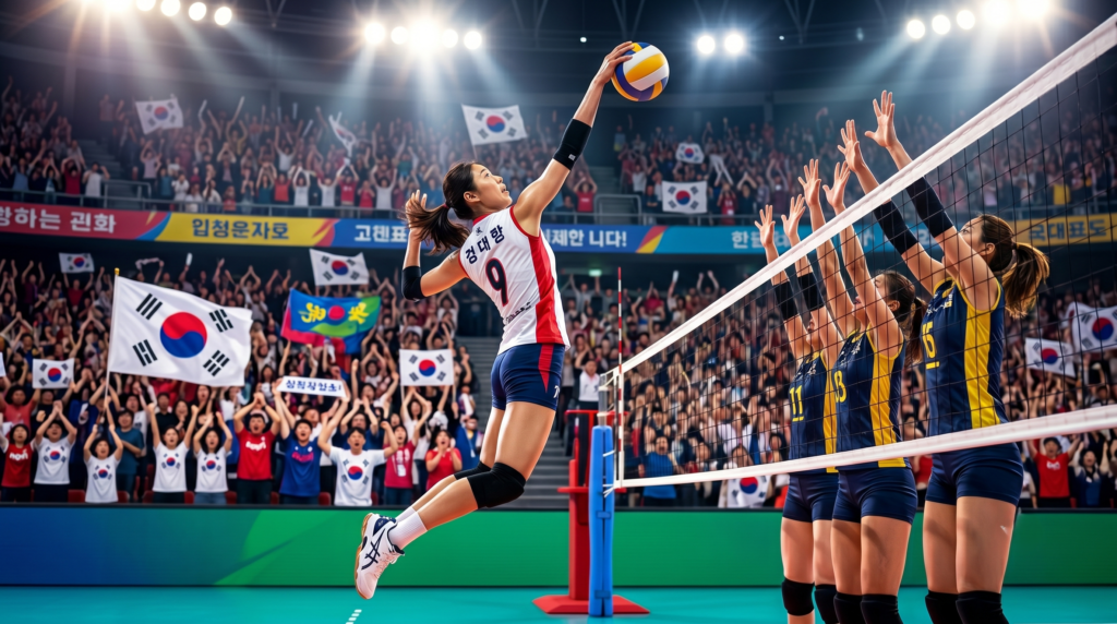 Korean female volleyball player spiking the ball over the net during a professional V-League match