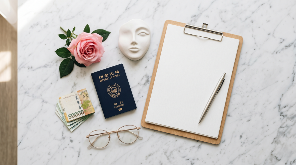 Flat lay of Korean passport currency and medical documents representing plastic surgery cost planning in Korea