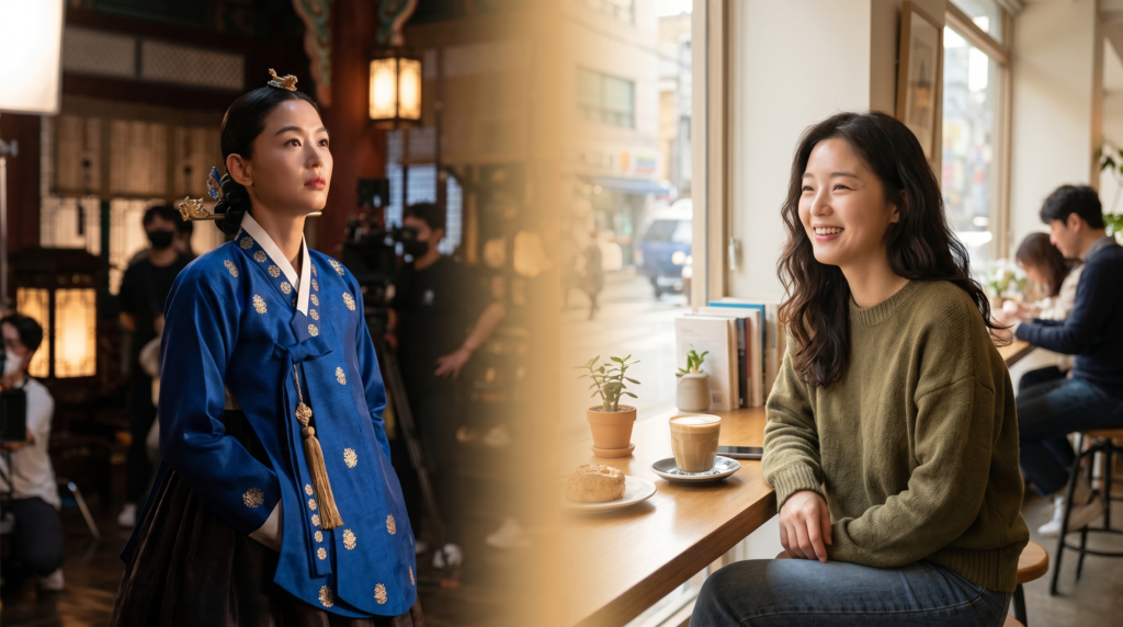 Comparison of glamorous K-drama actress appearance versus natural everyday Korean woman beauty standards