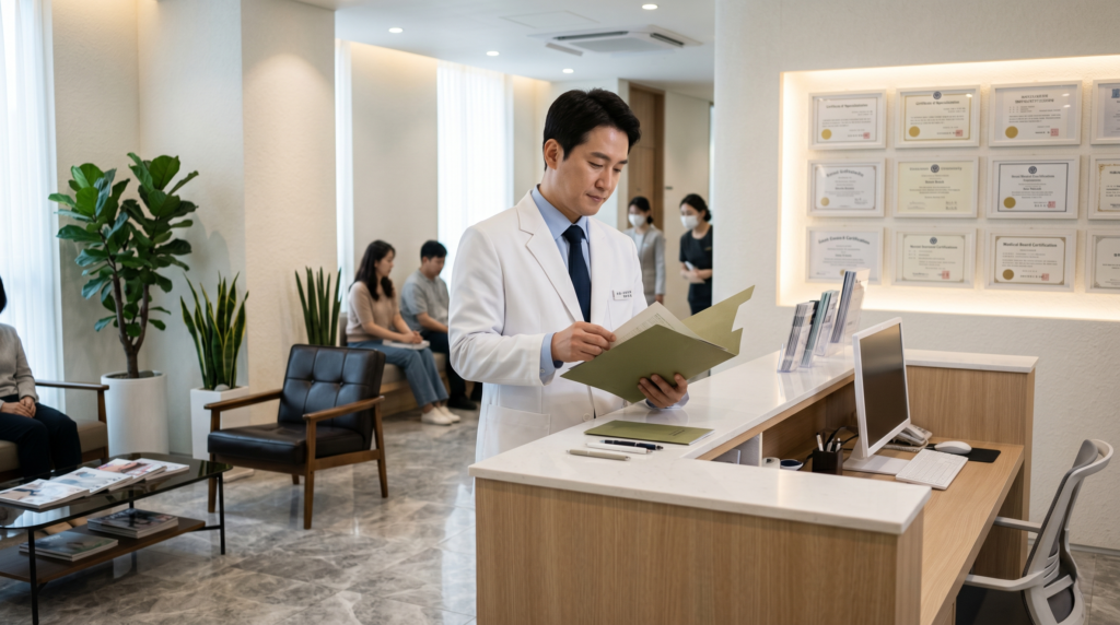 Professional Korean doctor reviewing patient medical credentials inside a reputable Seoul plastic surgery clinic