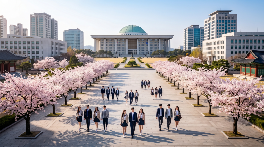 International students walking on a prestigious Korean university campus in spring