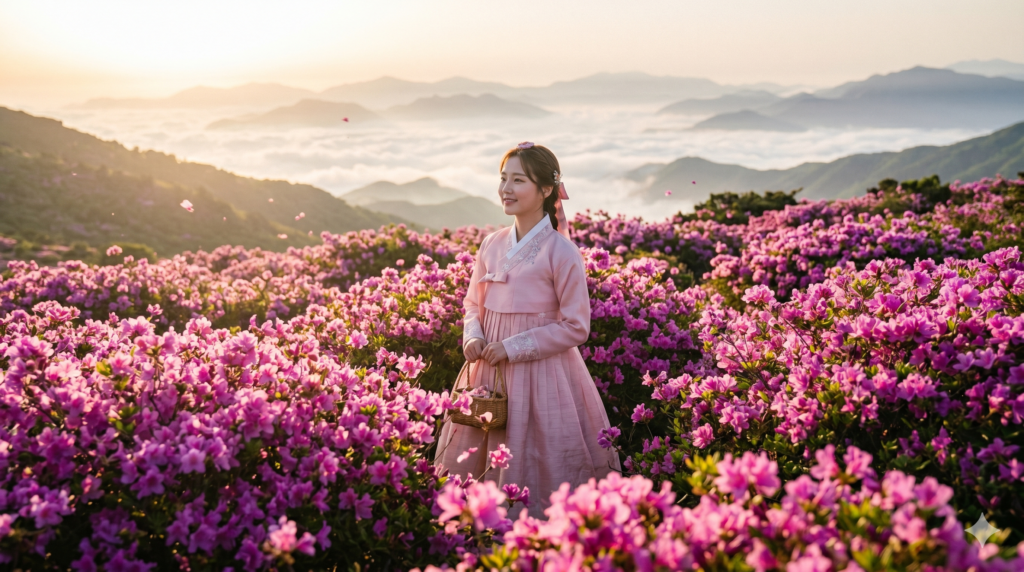 Young woman in traditional Korean hanbok standing among blooming jindallae azalea flowers on a misty Korean hillside in spring