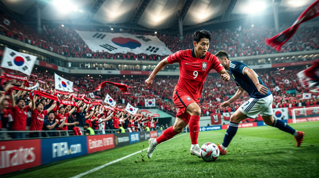 South Korean football player in red jersey dribbling during an international match in a packed stadium