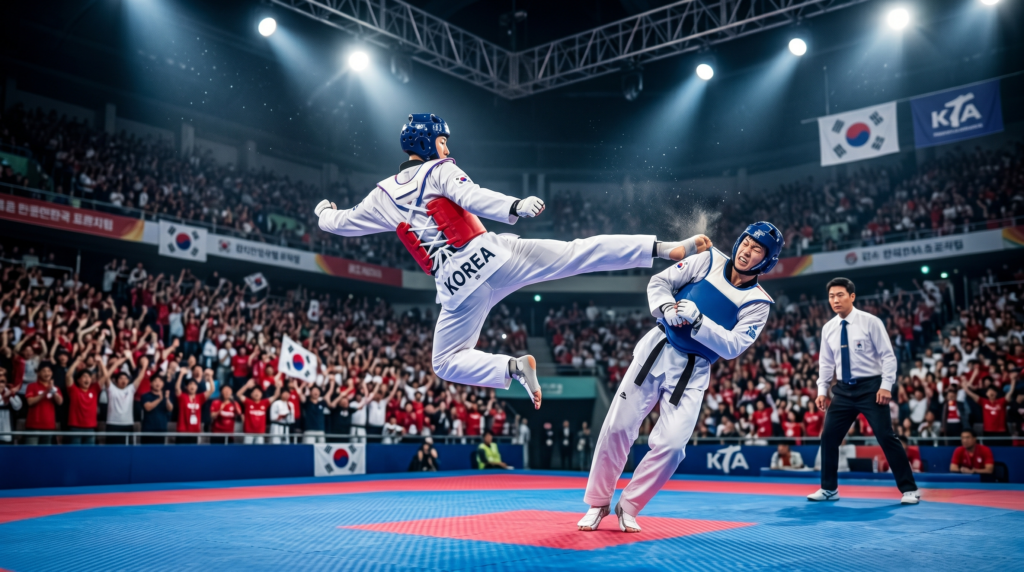 Korean taekwondo athlete performing a flying spinning kick during an Olympic-style competition