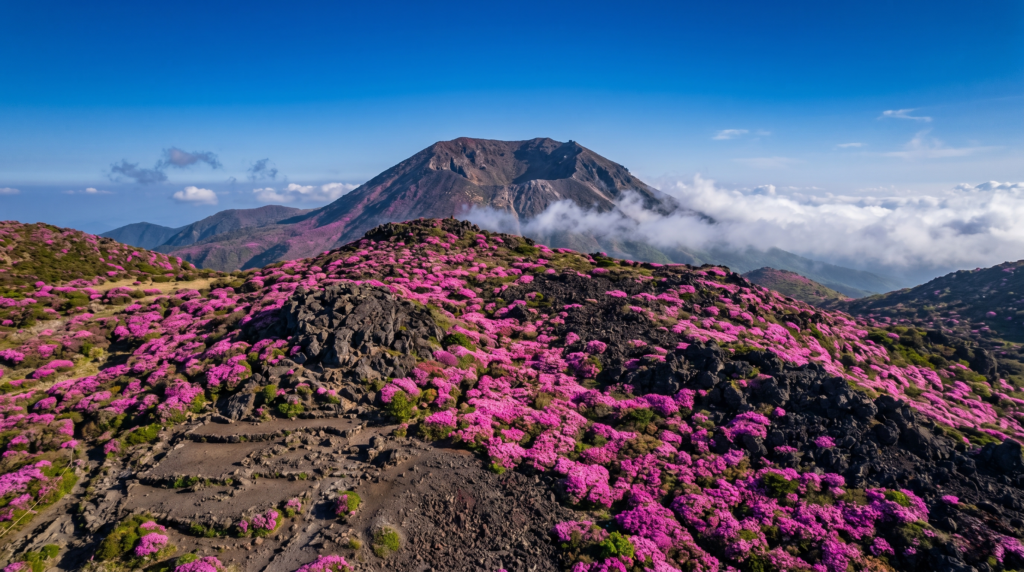 Pink Korean azalea flowers blooming across the high altitude slopes of Hallasan volcano on Jeju Island in spring