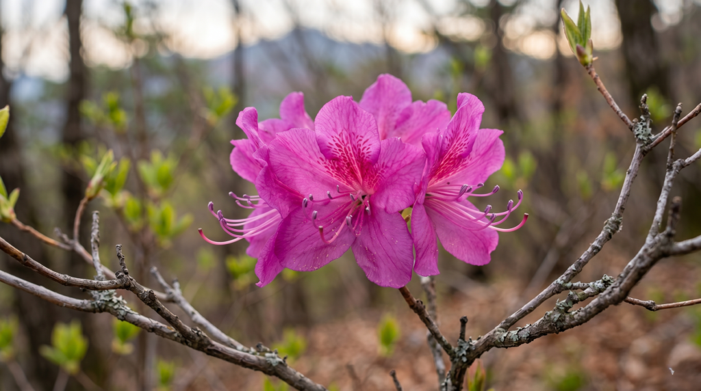 Close-up of wild Korean azalea jindallae flowers blooming on bare branches in early spring