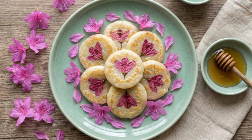 Traditional Korean hwajeon rice cakes decorated with fresh pink azalea petals served on a celadon ceramic plate