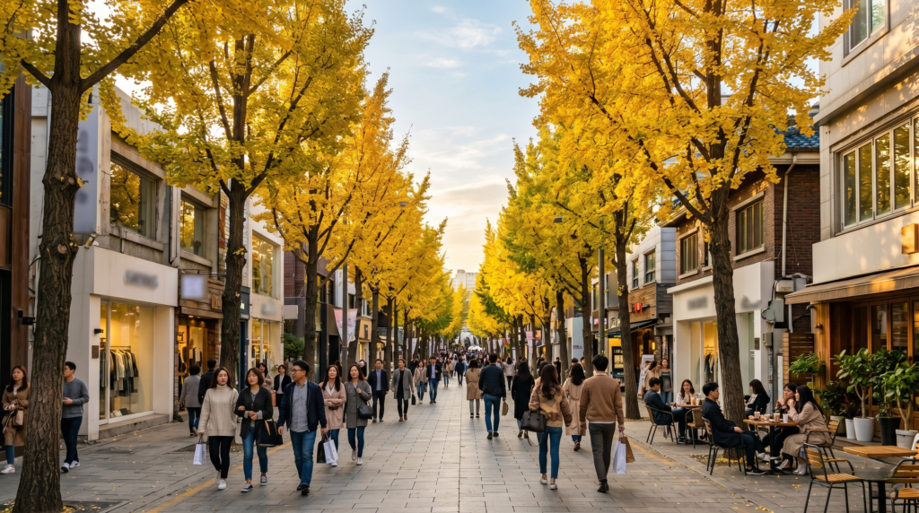 Golden hour along Garosu-gil tree lined street in Sinsa-dong Seoul South Korea near K Star Road Gangnam