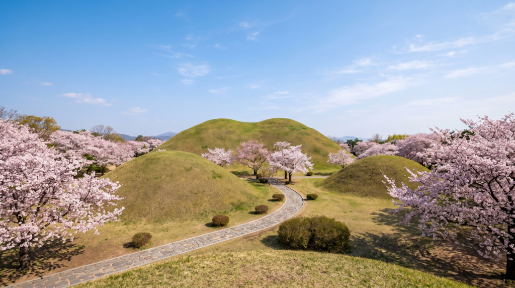 Ancient Silla royal burial tumuli mounds in Gyeongju South Korea surrounded by cherry blossoms in spring