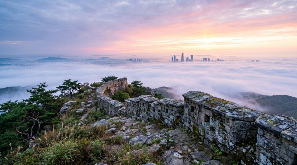 Ancient fortress wall ruins and misty city view from Gyeyang Mountain summit in Incheon South Korea