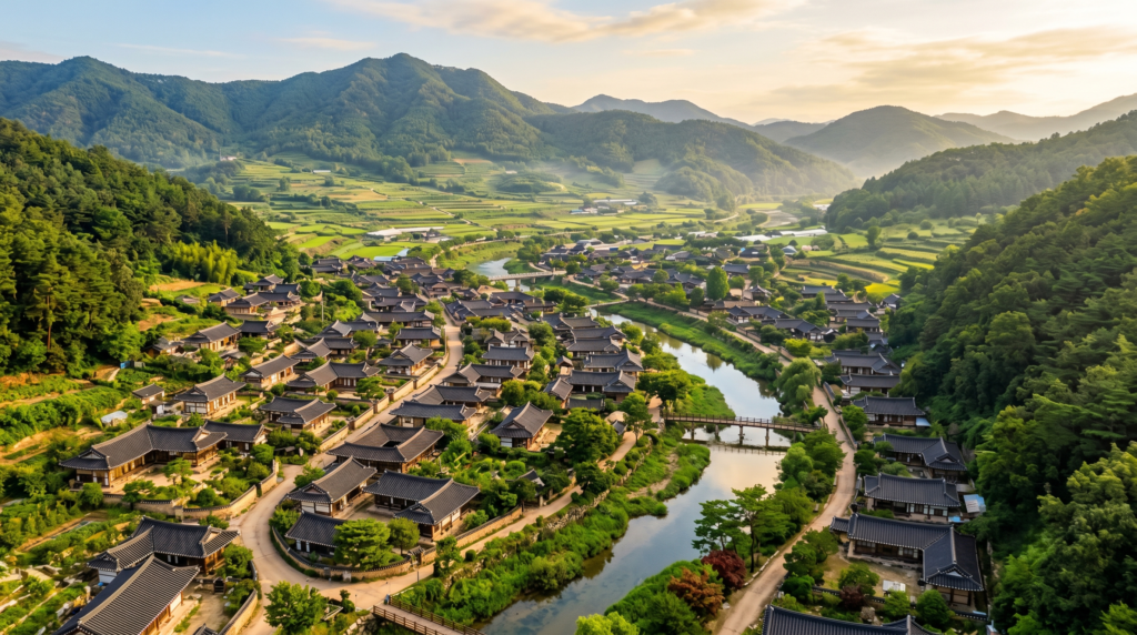  Traditional Hanok village in rural South Korea surrounded by autumn foliage and misty river valley