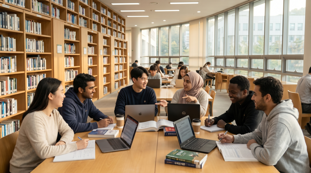 International students studying together in a modern Korean university library