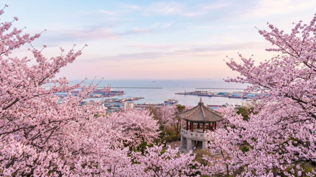 Cherry blossoms and Yellow Sea view from Jayu Park Incheon South Korea in spring