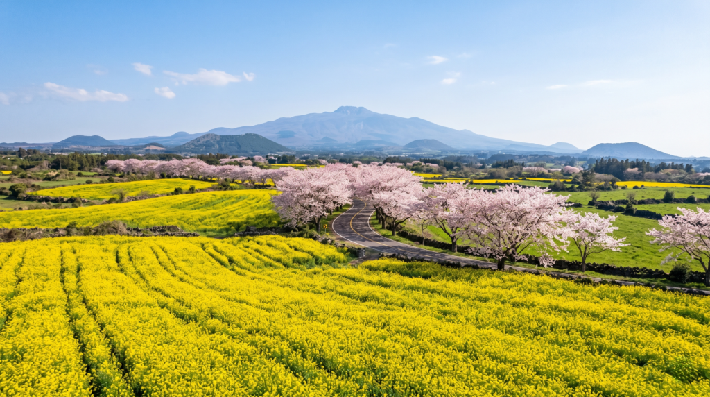  Jeju Island spring landscape with yellow canola fields cherry blossoms and Hallasan mountain Korea