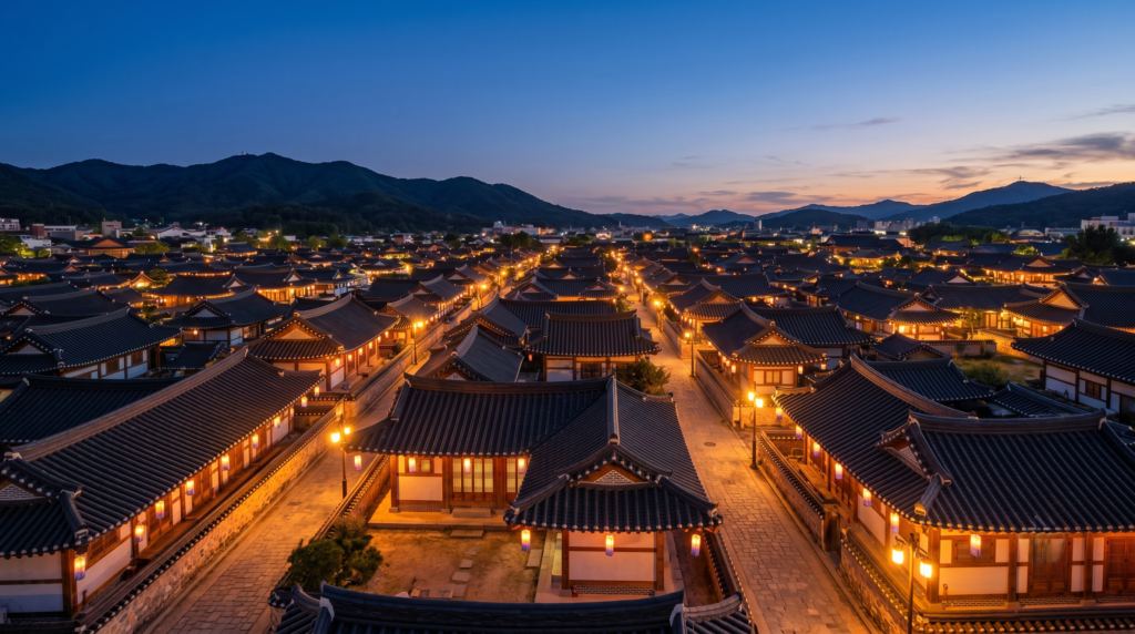 Jeonju Hanok Village panoramic evening view with glowing lanterns and traditional tiled rooftops at twilight
