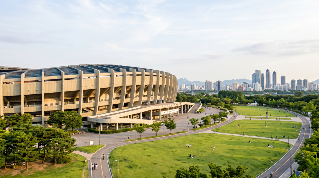 Seoul Olympic Stadium surrounded by Olympic Park green spaces and walking paths on a bright afternoon in South Korea