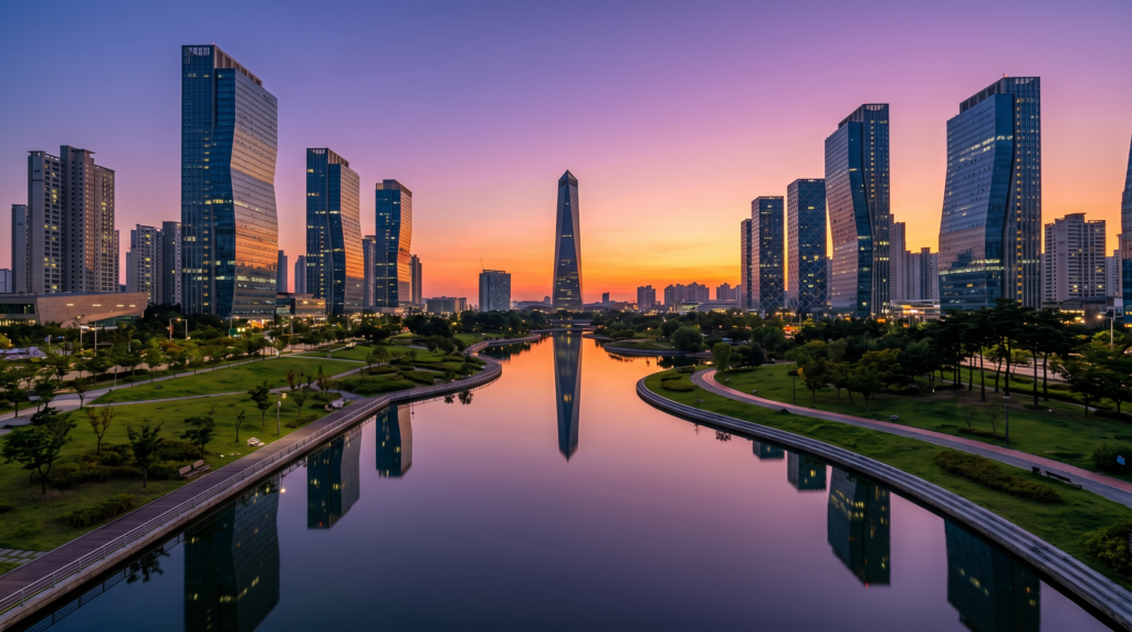 Songdo International Business District skyline and Central Park canal at dusk in Incheon South Korea
