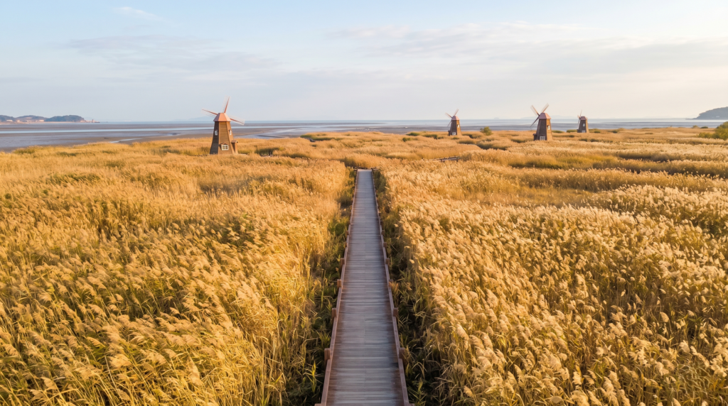 Golden reed fields and wooden boardwalk at Sorae Wetland Ecology Park Incheon South Korea in autumn