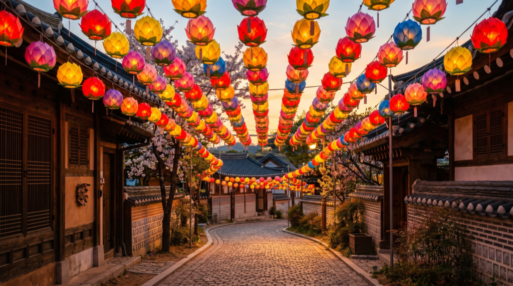 Colorful lotus lanterns hanging over a street during Korea spring festival Yeon Deung Hoe