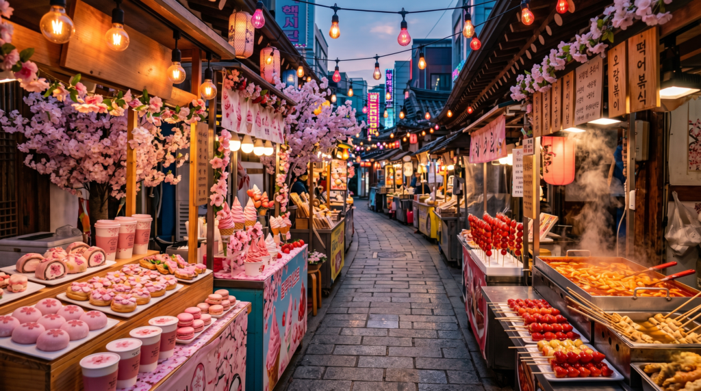 Korean spring festival street food stalls with cherry blossom desserts and tteokbokki at dusk