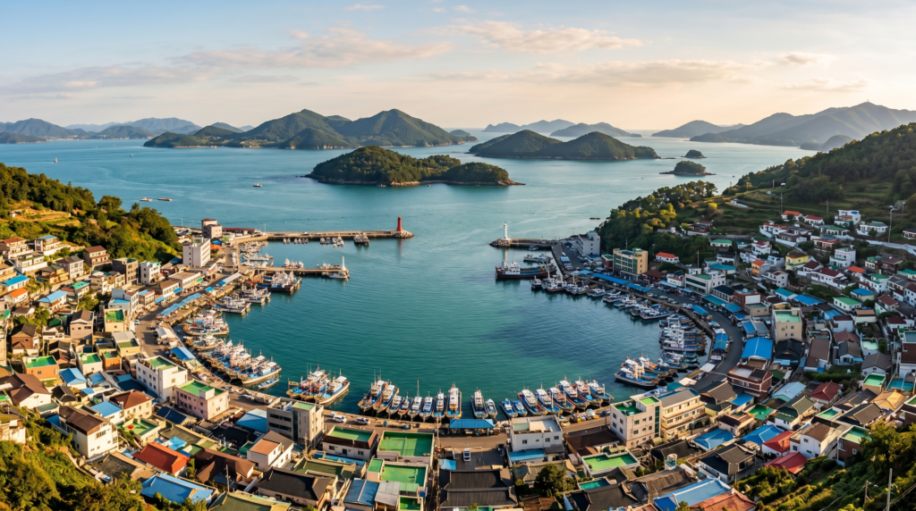 Tongyeong harbor South Korea with colorful fishing boats turquoise sea and island views on sunny afternoon