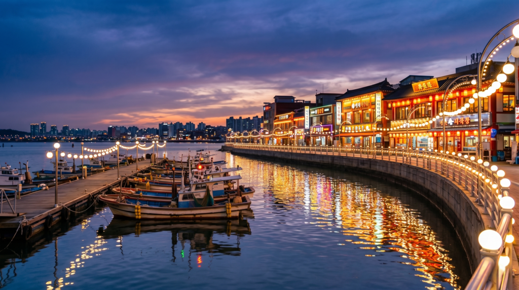 Wolmido Island waterfront promenade and seafood restaurants at twilight in Incheon South Korea
