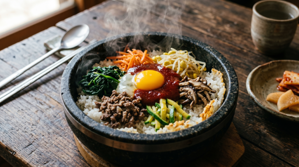 Traditional Jeonju bibimbap served in sizzling stone bowl with colorful vegetables and gochujang sauce