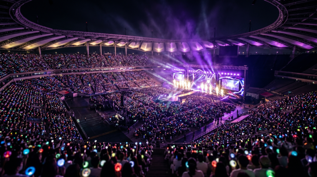 Massive K-pop concert inside a South Korean stadium at night with lightsticks and dramatic stage lighting