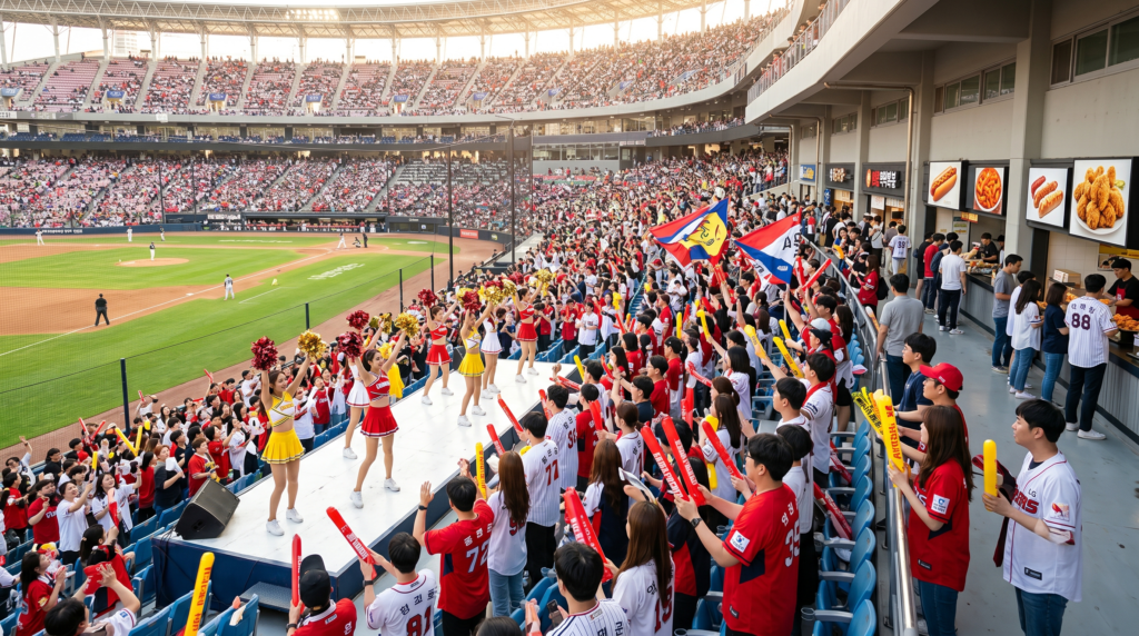  Lively interior of Jamsil Baseball Stadium during a KBO game with cheerleaders fans and colorful team banners