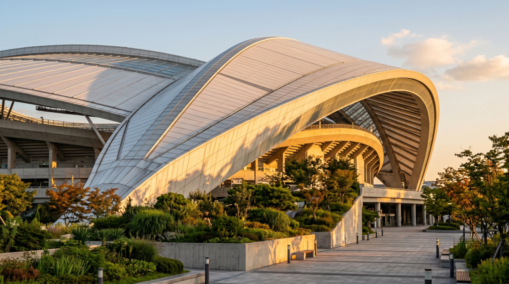 Exterior architecture of Seoul World Cup Stadium at golden hour with sweeping roof design and urban surroundings
