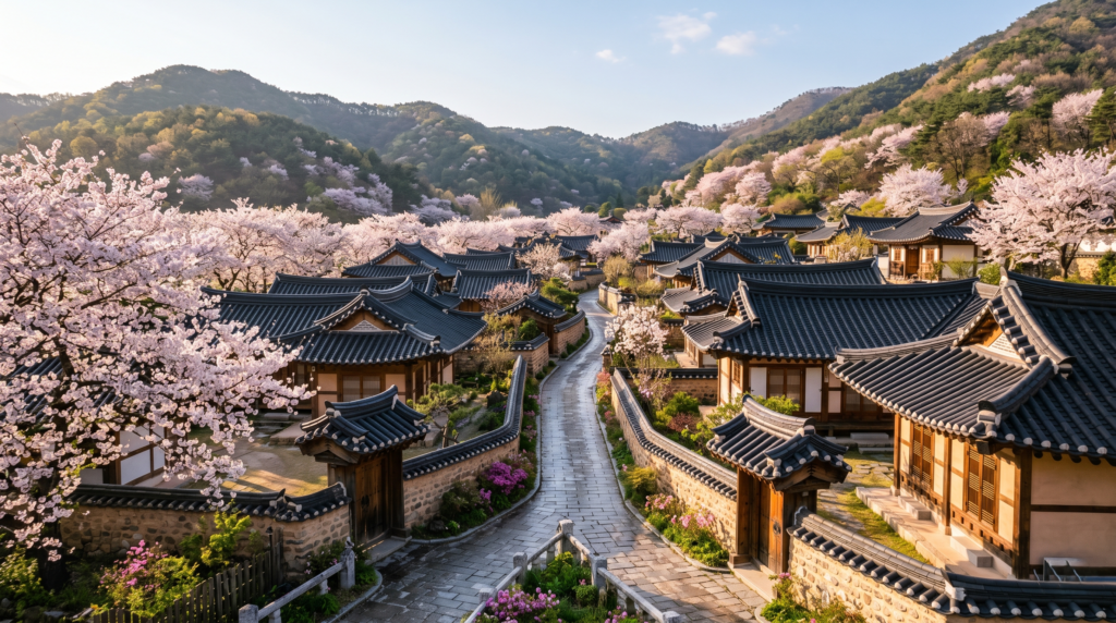 Traditional Korean hanok village with cherry blossoms in spring K-drama filming location