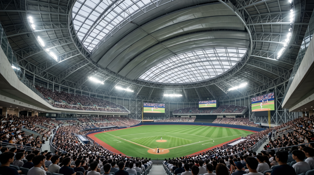  Interior of Gocheok Sky Dome South Korea's first fully enclosed baseball stadium with dramatic lighting and full crowd