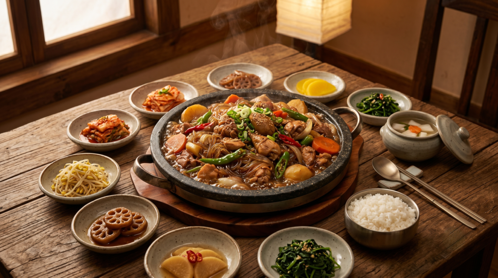 Traditional Andong jjimdak braised chicken dish served in clay pot with Korean banchan side dishes