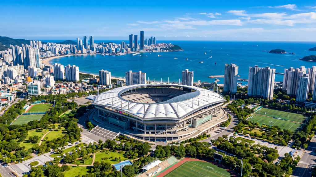 Aerial view of Busan Asiad Main Stadium surrounded by coastal cityscape and blue skies in South Korea