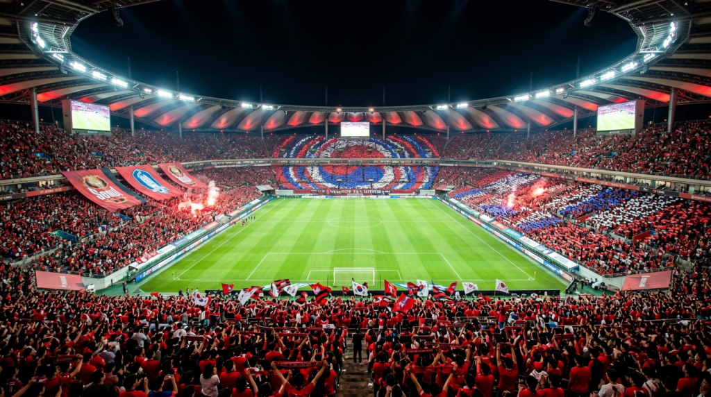  Packed South Korean football stadium at night with red-clad fans and floodlights showcasing Korean sports culture