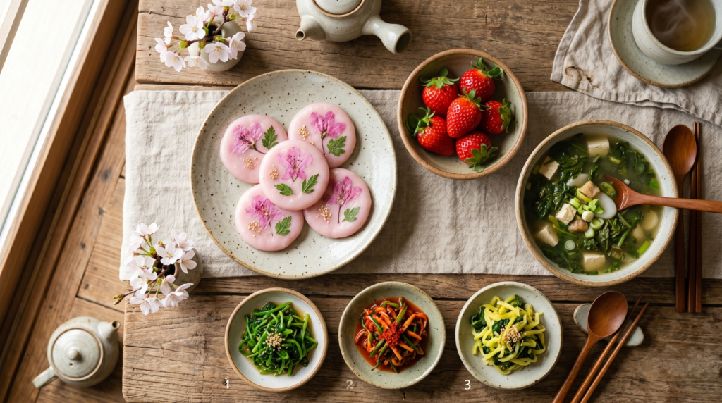 Traditional Korean spring seasonal foods including hwajeon flower rice cakes strawberries and namul