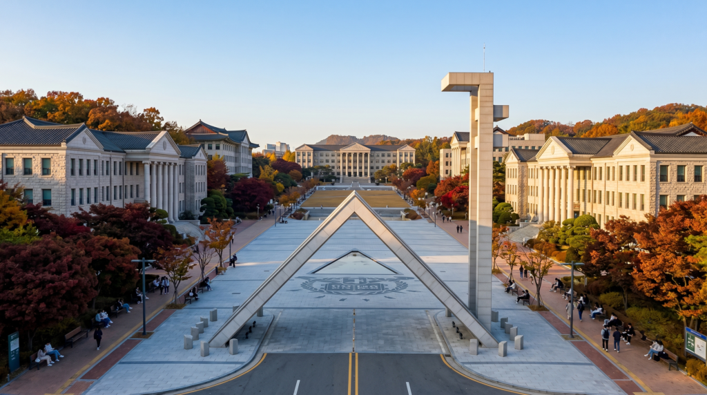 Seoul National University campus main gate and plaza in autumn
