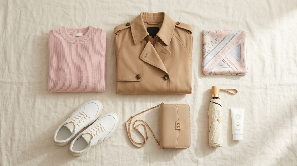 Korean spring fashion and packing essentials including trench coat knit sweater and walking shoes
