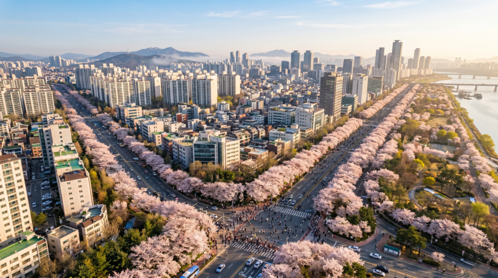 Aerial view of cherry blossom trees lining city streets during spring season in Korea