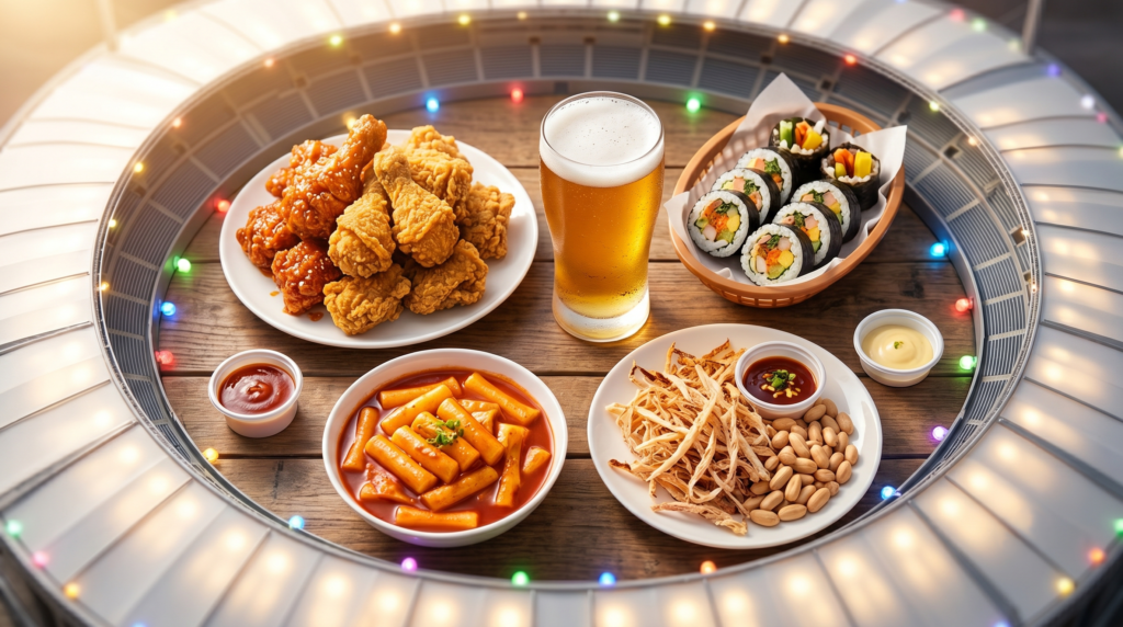 Korean stadium food spread featuring chimaek fried chicken beer kimbap tteokbokki and dried squid snacks