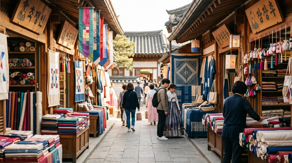 Traditional Korean textile shops in a historic market street