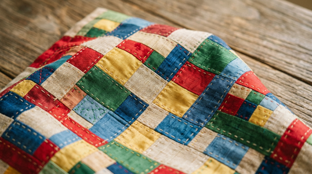 Colorful Korean jogakbo patchwork textile with fine stitching