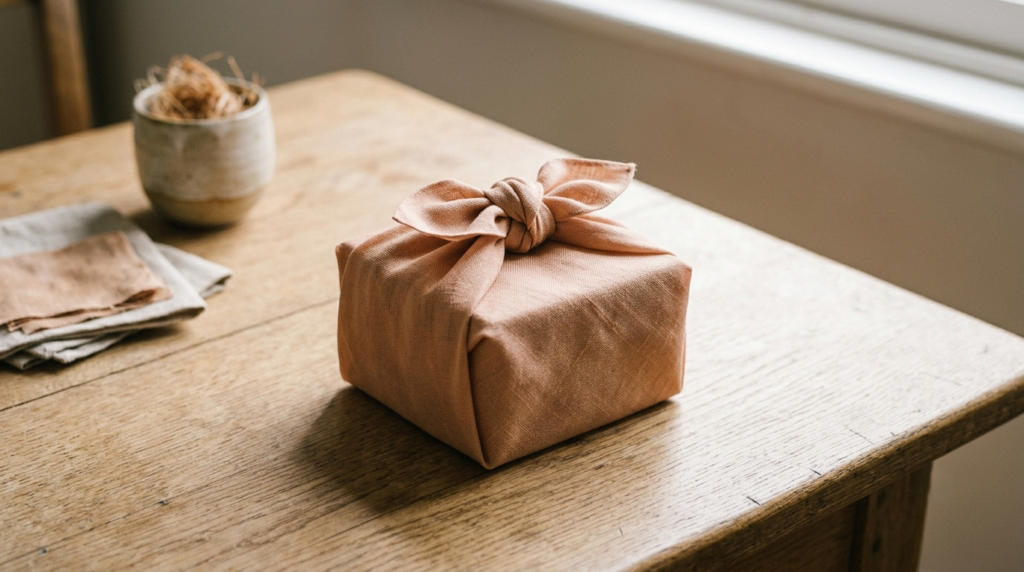 Traditional Korean bojagi wrapping cloth tied around a gift