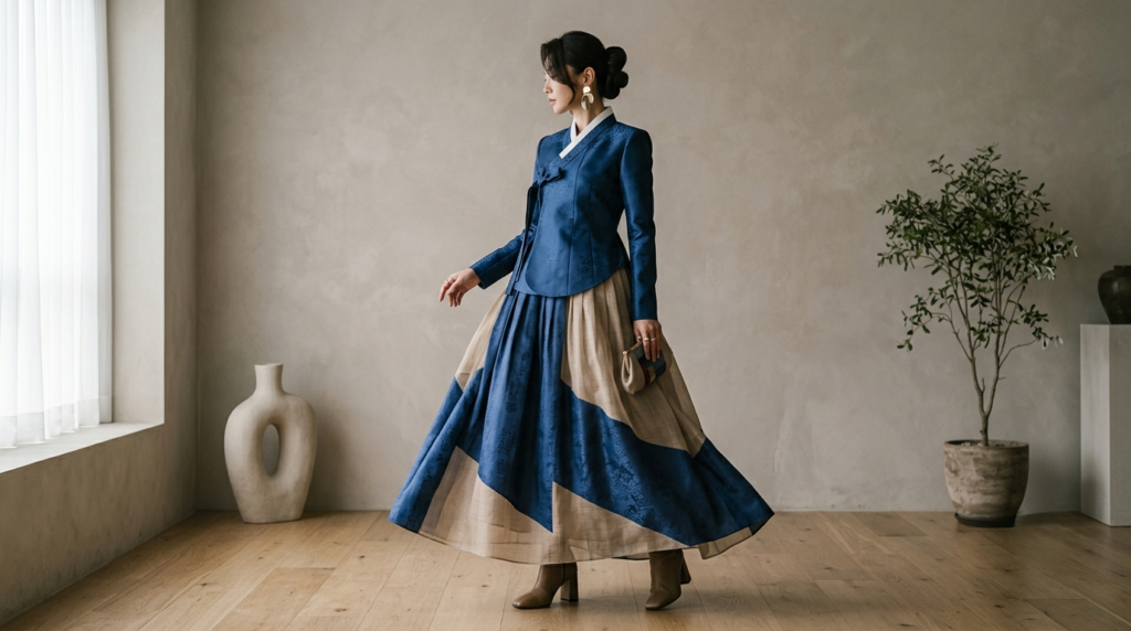 Modern hanbok fashion design using traditional Korean fabric