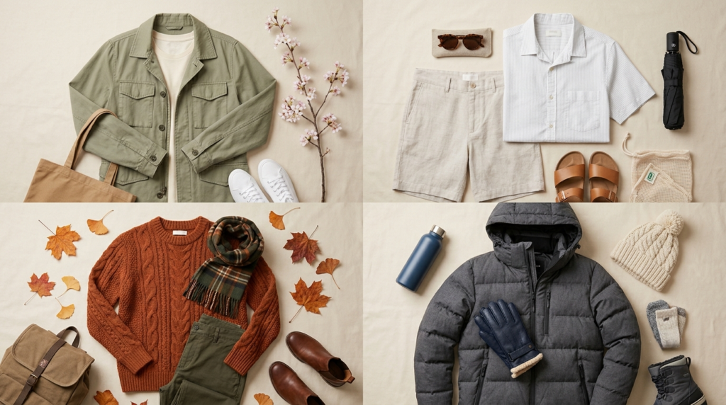 Four seasonal outfit flat-lays showing what to pack for South Korea year-round
