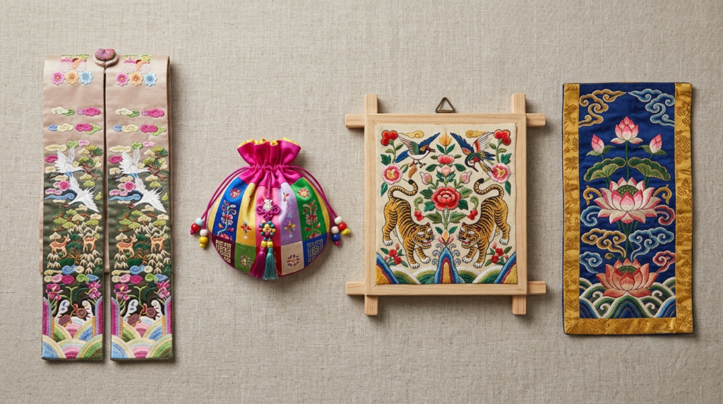 Four types of traditional Korean embroidery displayed together, chasu categories
