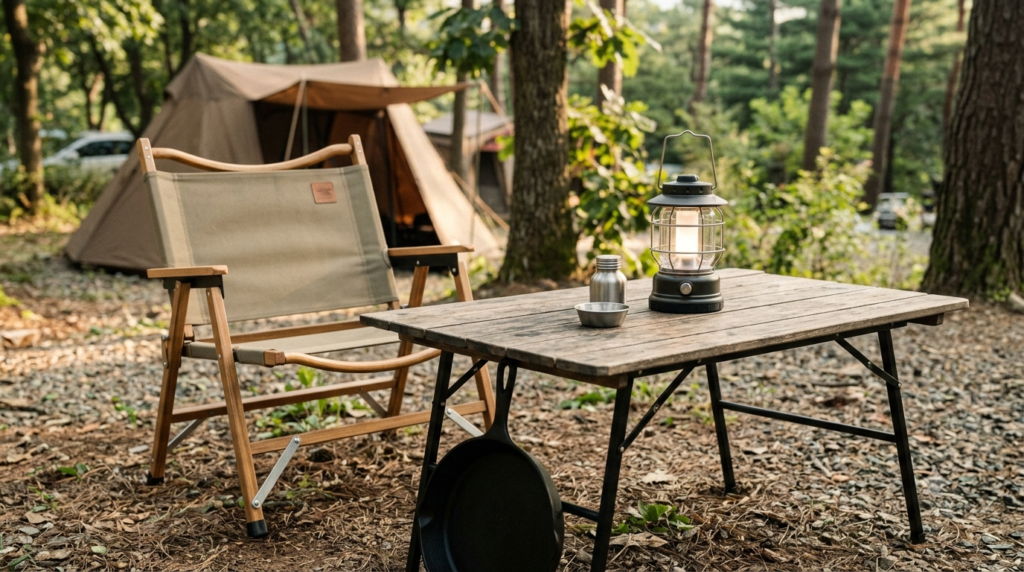 Lightweight foldable camping furniture at a Korean campsit