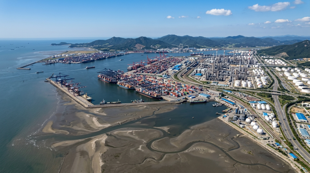 Aerial view of Daesan Port and Yellow Sea coastline in South Korea