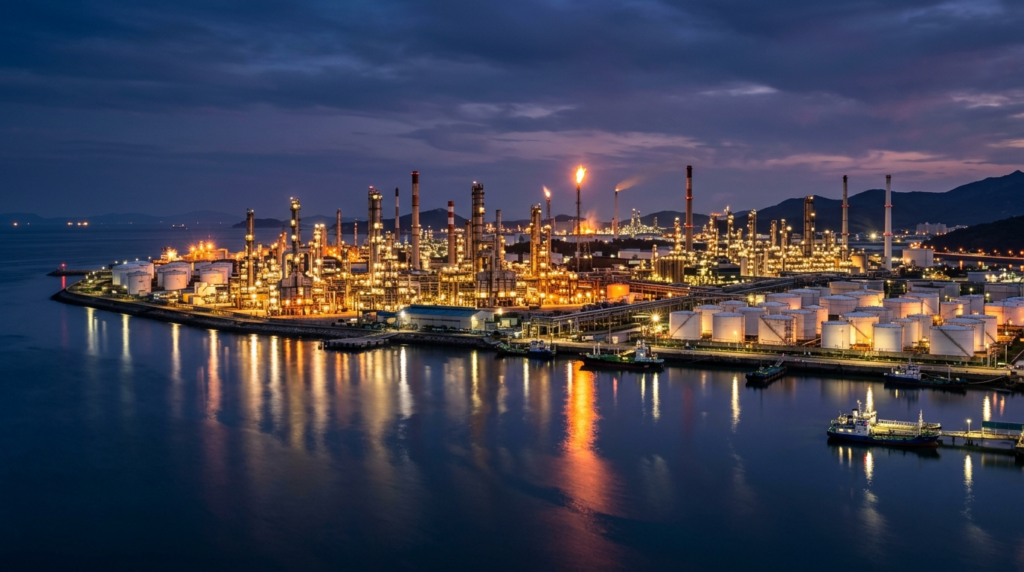 Daesan Industrial Complex petrochemical facility at dusk in South Korea