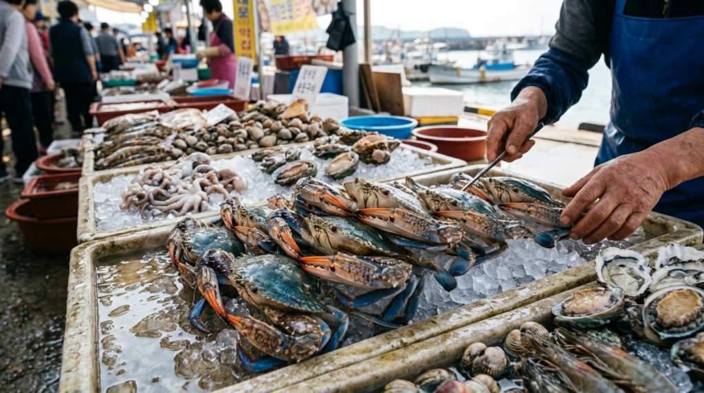 Fresh blue crab and seafood at a Yellow Sea coastal market in Korea